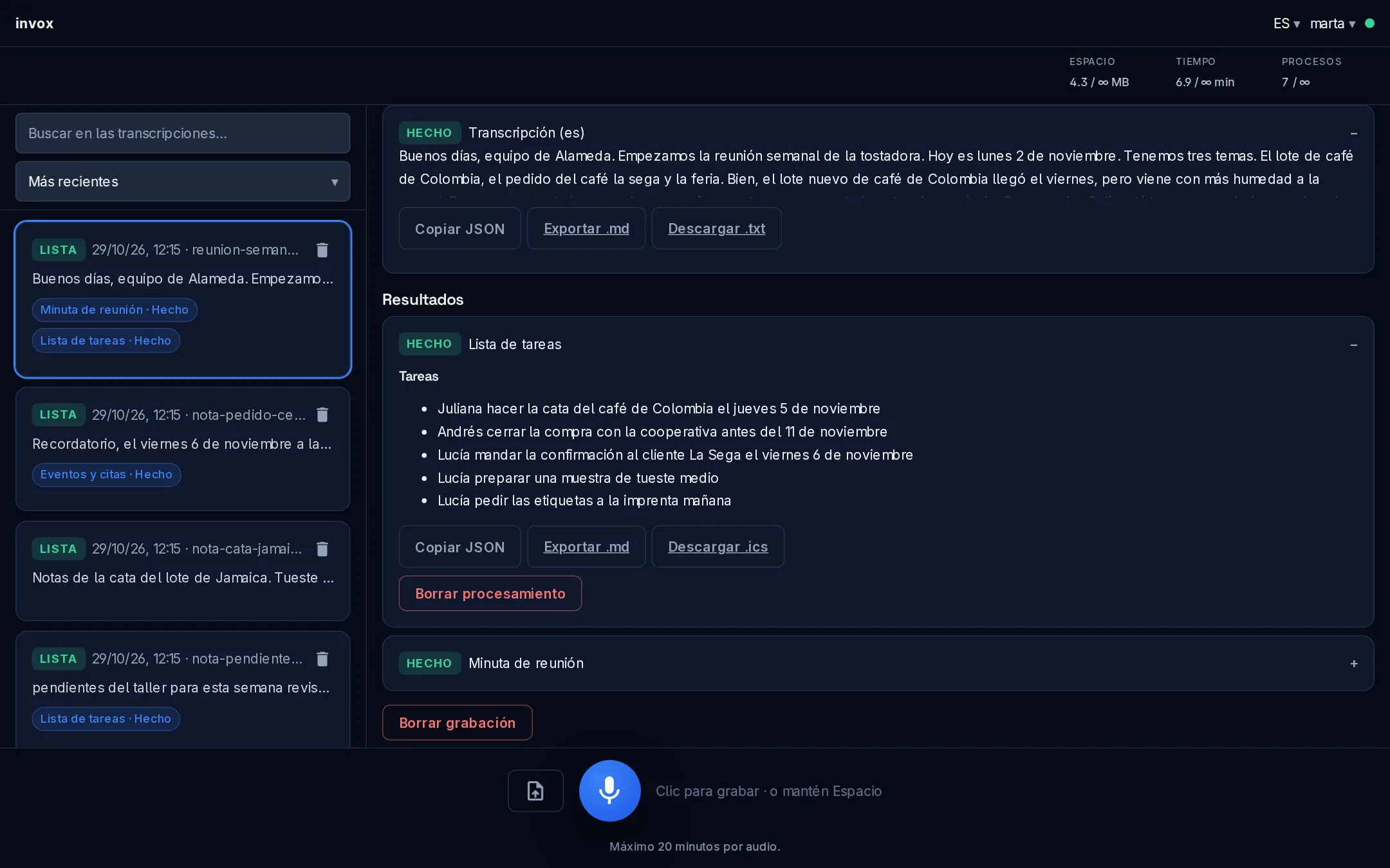 Lista de tareas con responsable y fecha que Invox sacó del audio de una reunión.